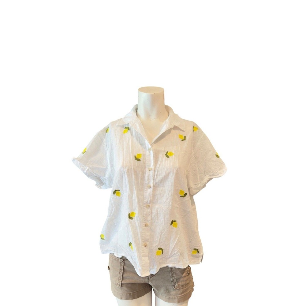 Anthropologie MAEVE EMBROIDERED Fruit Surf Shirt TOP BLOUSE LEMONS WHITE S- EUC - Picture 3 of 12